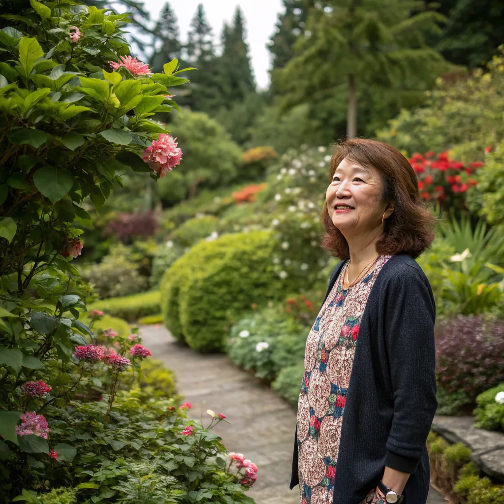 Susan Lee with a garden in the background